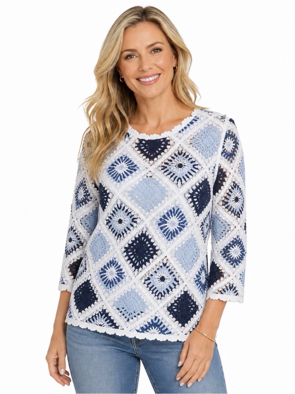 Navy, Light Blue & White Crochet Scoop Neck Tunic Sweater SP
